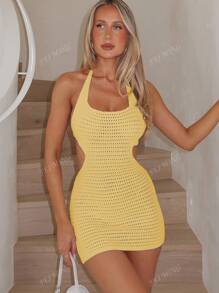 Halter Backless Lace-Up Bowknot Sexy Hollow Out Bodycon Beach Dress, For Summer Vacation