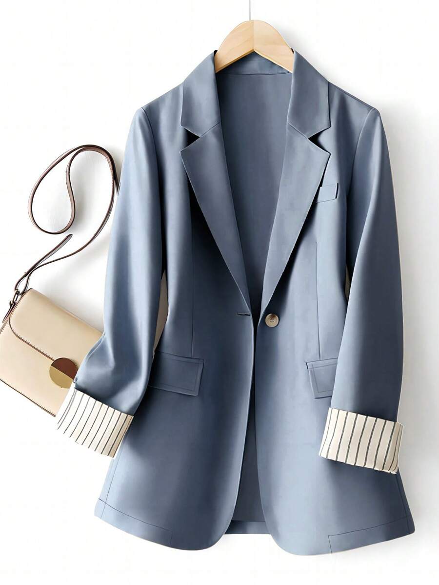 Women's Cuff Striped Patchwork One Button Regular Blazer - Blue - View 1