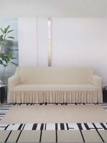 1pc Beige Arched Jacquard Velvet Sofa Cover, With Elastic Full Skirt, Minimalist Modern, Polyester Fiber Material, Suitable For 1-4 Seater Sofa - 210g/Sqm, Sofa Protector | Elegant Home Decor | Ruffle Edge Detail - Beige - View 5