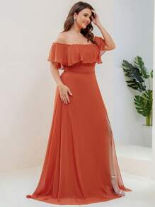 EVERPRETTY Plus Size Women's Solid Color Ruffle Off Shoulder Elegant Bridesmaid Dress - Burnt Orange - View 3