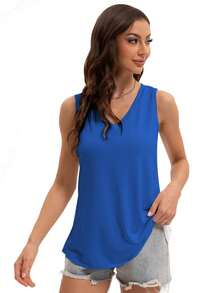 GEREARC Womens V Neck Tank Tops Summer  Casual Loose Fit Flowy Sleeveless Shirts Tops - Màu xanh lam - Xem 3