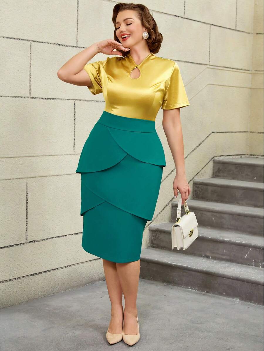 AOMEI Vintage Two Pieces Set Gold Shiny Short Sleeves Tops High Waist Pencil Skirt Party Fashion - Gold - View 1