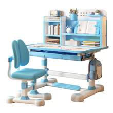 2Pcs/Set Kids Study Desk Chair Set, Height Adjustable Children School Study Table Chair Set With Sitting Corrector, Ergonomic Desk Chair With Book Stand, Foot Pedal, Partition Design - Blue - View 1