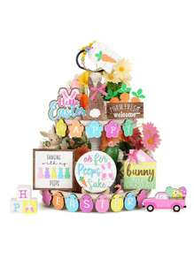 21 Piece Set Of Easter Bunny Layered Tray Decoration, Farmhouse Layered Tray Decoration, Easter Happy Bunny Carrot Wooden Logo, Spring Country Bunny Decoration, Suitable For Family Dining Table, Fireplace Rack, Church Party