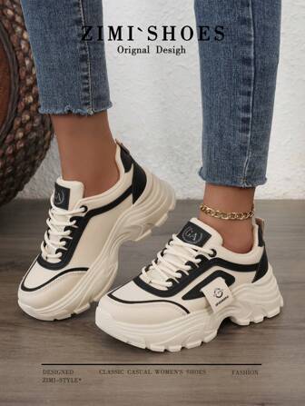 1 Pair Women's Casual Retro Chunky Sneakers, Round Toe Lace-Up Outdoor Athletic Leather Shoes, Spring/Summer