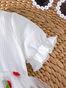 Baby Girl Cute Fruit Embroidery Splice Mesh Ruffle Sleeve Casual Dress For Summer