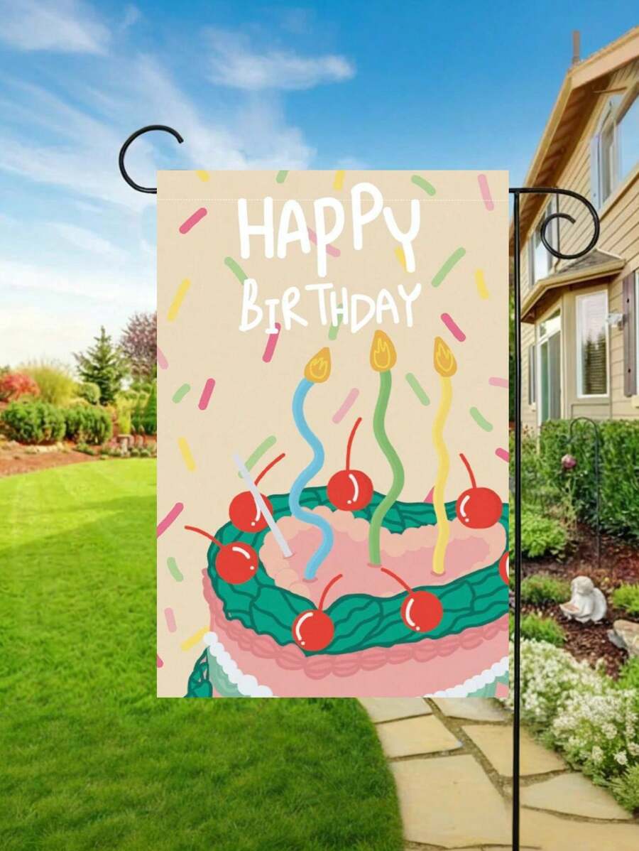 1pc Happy Birthday Garden Flag, Colorful Candles Heart Birthday Cake Pattern, Party Decor Suitable For Outdoor Garden, 18x12 Inch Double Sided Printed House Flag (Flag Only, Flagpole Not Included)