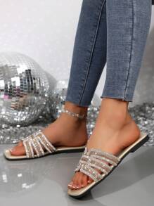 Summer New Square Toe Casual Fashion Flat Glass Rhinestone Slip-On Beach Slippers For Women - Gold - View 4
