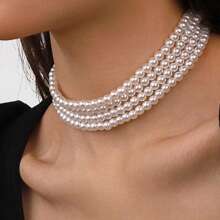 1pc Fashionable Multi-Layer Exaggerated Faux Pearl Choker Necklace, Asymmetrical Beaded Pendant Necklace, Jewelry Gift For Women, Wedding & Holidays - White - View 1