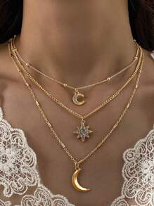 1pc Women's Vintage Layered Necklace With Rhinestone Studded 8-Pointed Star & Moon Pendant, Suitable For Party/Gift