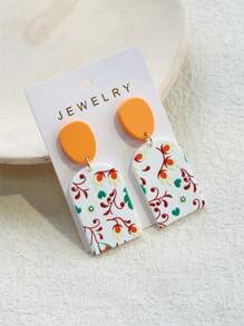 1 对女士花卉叶印花赤土纹理亚克力优雅耳环，橙色 - 彩色 - 查看 5