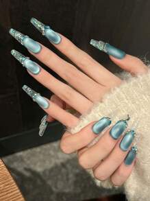 10 Peças Unhas Postiças Estileto Super Longas Ombré Glacial Francesas Fosca com Decoração de Cristal de Strass, Suprimentos de Unhas