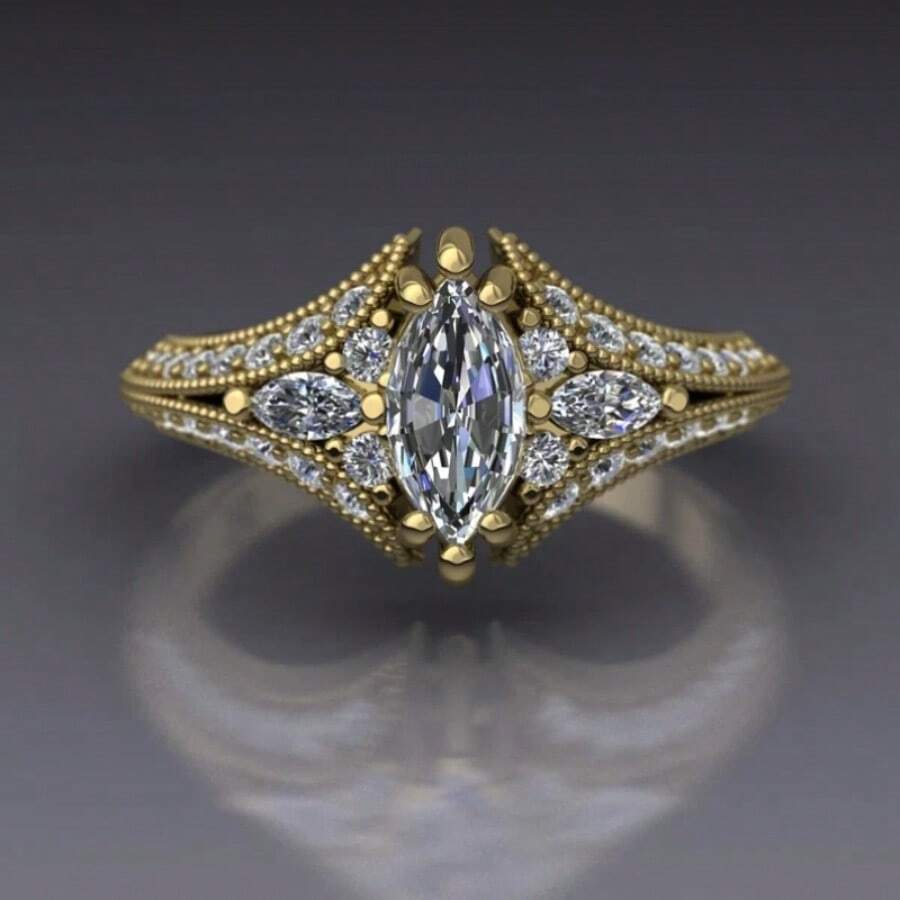 14K vergoldeter eleganter Damen Verlobungsring mit funkelndem synthetischem kubischem Zirkonia, Ehering passend für Damen Verlobung und tägliche Mode, Kupfer mit tropfenförmigem Zirkonia, geeignet für Valentinstag, alle Jahreszeiten, Hochzeit und Party