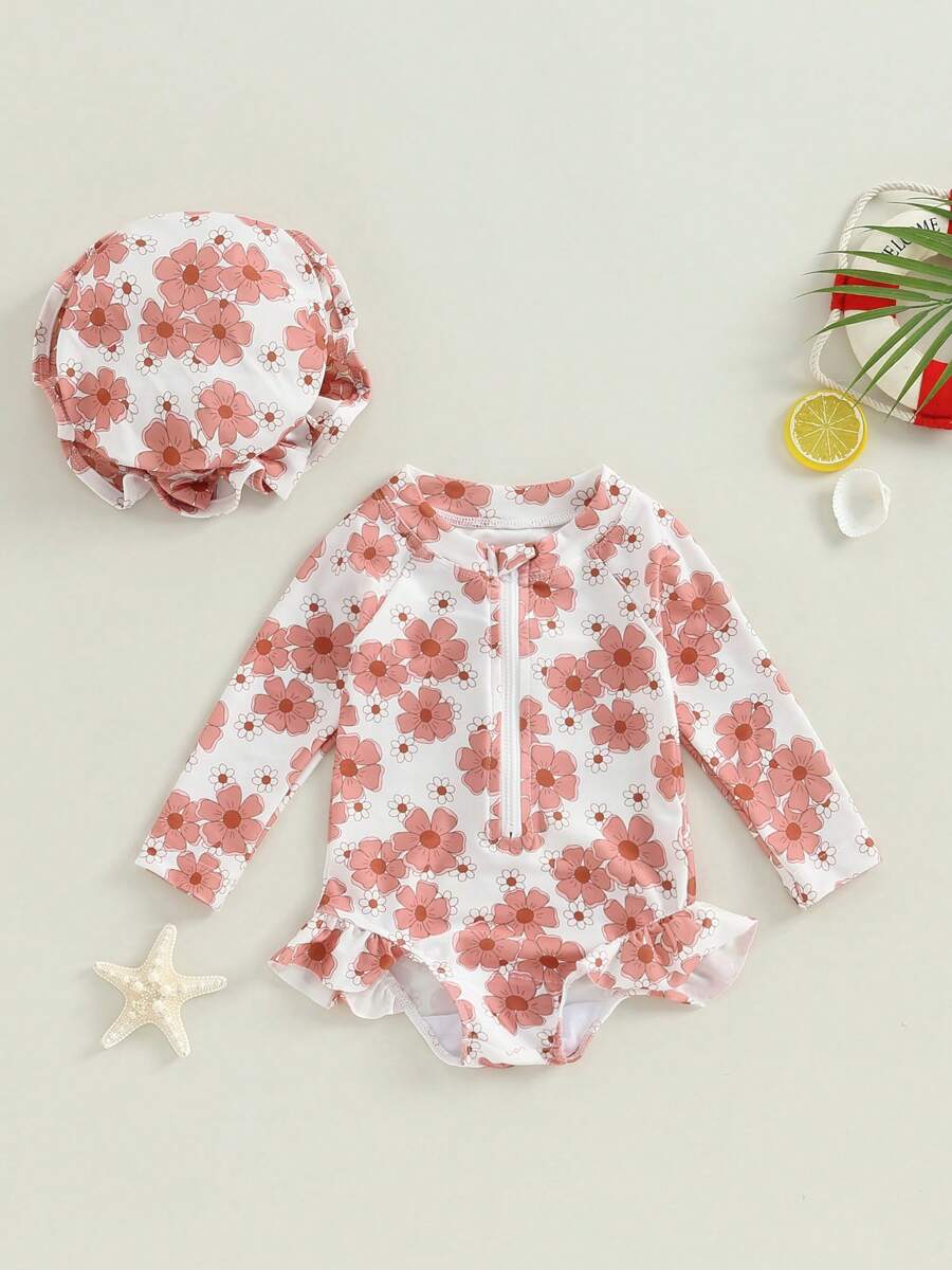 Baby Girls Swimsuit Long Sleeve Flower Print Zipped Bikini With Hat Newborn Swimwear Summer Bathing Suit - Pink - View 1