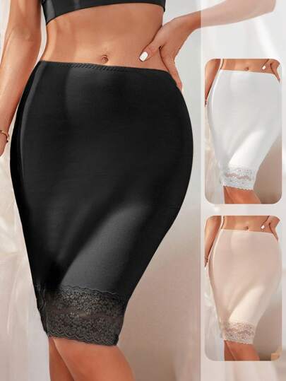 1 st spetsunderkjol, säkerhets- och antistatiskt foder för tunna klänningar/kjolar, knälång underkjol 62 cm, resår i midjan med spets, säkerhetsunderkjol som inte syns