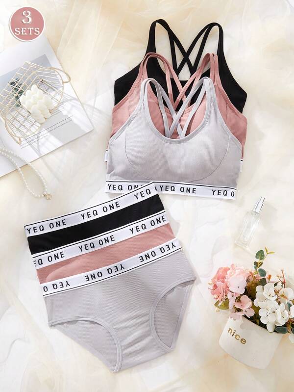 3SETS Ladies Letter Printing Hollow Cross Suspender Underwear Lingerie Set, No Steel Ring, Comfortable And Breathable Back Design, Sports Vest Underwear Lingerie Set.