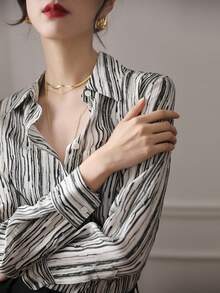 YUXIN 新款春夏秋季女士翻领长袖衬衫，复古港风条纹修身衬衫 - 黑色 - 查看 3