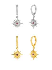 1 对时尚精致简约银色和金黄色方晶锆石太阳和北极星吊坠耳环，礼物