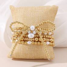 4/5/7/8pcs Simple Beaded Cross Faux Pearl Bow Bracelets Set, Women Vacation/Meet-Up/Birthday Gift, Daily Party & Casual Wear Accessory