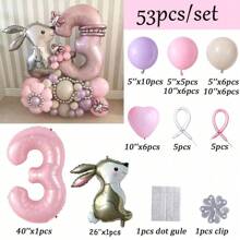 53 szt. balonów wielkanocnych z 40-calowym różowym zestawem balonów foliowych z numerami jasnoróżowymi, fioletowymi, piaskowymi i białymi, motywem zwierząt leśnych, imprezą urodzinową, balonem dżungli BabyShower, dekoracjami ślubnymi, wiosennymi dekoracjami wielkanocnymi