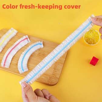 100 Sets/Pack Disposable Use Food Wrap Film And Shower Cap Suit, Plastic PE Food Wrap Film For Home Use, For Outdoor, Camping