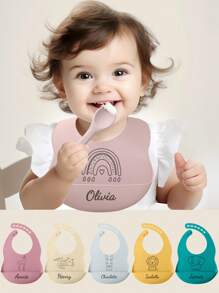1 pezzo Bavaglino in silicone per neonati con stampa personalizzata del nome, set di stoviglie per neonati regolabile, regalo per neonati personalizzato, multifunzionale, decorativo, con lettere, elegante, moderno, colorato, carino, casual, personalizzato, unico, idea regalo perfetta per lui, idea regalo perfetta per lei, casual chic da strada