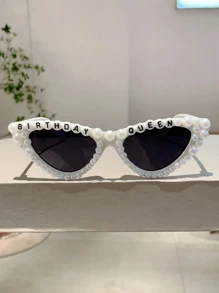 1Pc Women New Full Frame Cat Eye Shaped Fashion Glasses Stylish White Glasses With Faux Pearls Fashion 'Birthday Queen' Letter Frame Multicolor Chic Suitable Birthday Parties And Shows For Summer Beach Vacation,Outdoor,Travel Preppy Style For Back To School