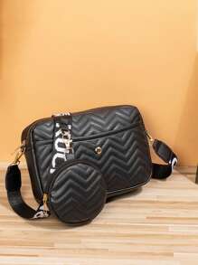 New Design 2pcs/Set Women Shoulder Bag With Wide Strap, Printed Small Square Bag With Fashionable Wave Embroidery, Crossbody Bag With Coin Purse