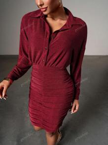 Persoshow Flap Detail Belted Shirt Dress,Women's Summer Dresses, Vacation Outfits , Wedding Guest Dresses, Suitable For Weddings, Graduation Season, Party Cocktail Dress