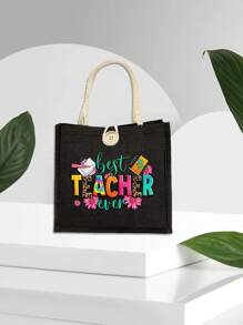 1 pièce Sac à main en lin imprimé floral avec lettrage enseignant, cadeau pour enseignants, sac cadeau à motif lune et étoile, sac de courses portable et pliable, sac de rangement léger, sac de courses simple, sac de rangement pour infirmière, médecin, enseignant, cadeau pour mère, maquillage de voyage personnel, sac de courses, grand espace de rangement, toujours les meilleurs cadeaux de la Saint-Valentin