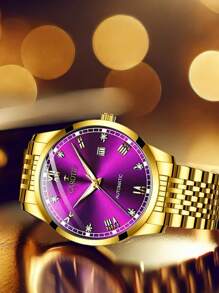 Carotif 自动手表，金色不锈钢表带，紫色表盘，罗马数字 - 紫色 - 查看 5