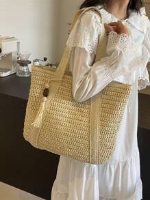 New Fashion Versatile Tote Bag, Beach Holiday Bag, Lightweight & Elegant Woven Design Bohemian Style Small Shoulder Handbag With Tassel Pendant, Large Capacity For Commuting, Daily Shopping, Vacation, Suitable For Women, College Students, Teenagers - Beige - View 2