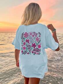 夏季休闲印花圆领短袖T恤，紫色花朵图案，专为女孩和儿童设计，独特的T恤，适合旅行者和个性人士！童装，女孩图案T恤，夏季上衣，青少年时尚