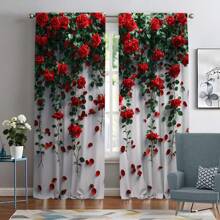 2pcs Elegant & Romantic Red Rose 3D Digital Printing Curtain Fabric, Suitable For Living Room, Bedroom, Balcony, Study And Other Occasions