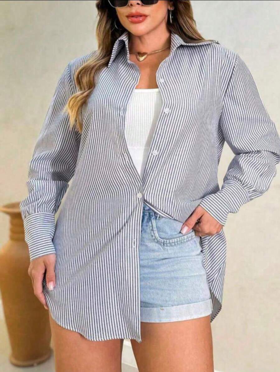 Women's Linen T-Shirt Frenchie Striped Print Drop Shoulder Button Down Long Back