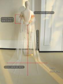 1 Pc Long Trailing Lace Wedding Cape, Colorful Decorative Short Sleeve Bridal Cloak, Fashionable Backless Wedding Accessory With Elastic Cuffs, Suitable For Petite Brides
