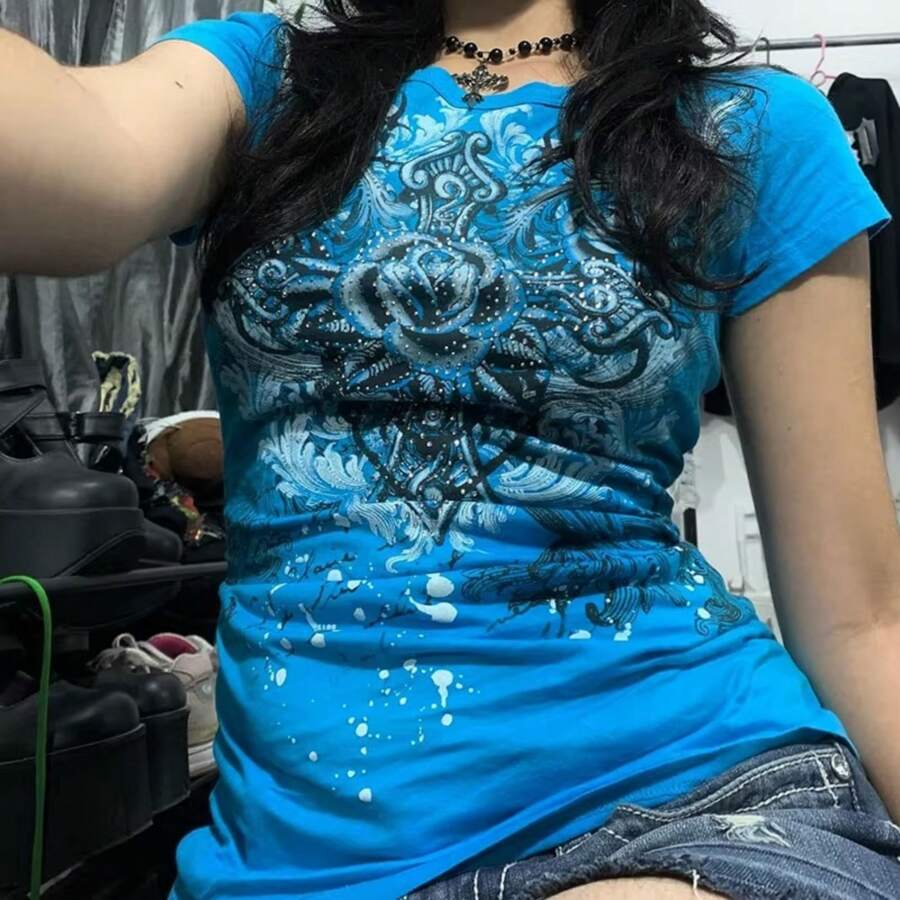 Women Y2K Graphic T-Shirts Summer Short Sleeve Punk Gothic Tops Vintage 90s Aesthetic Emo Tees Clothes Streetwear For E-Girls Slim Fit T Shirt Casual Tops Streetwear - 藍色 - 查看 1
