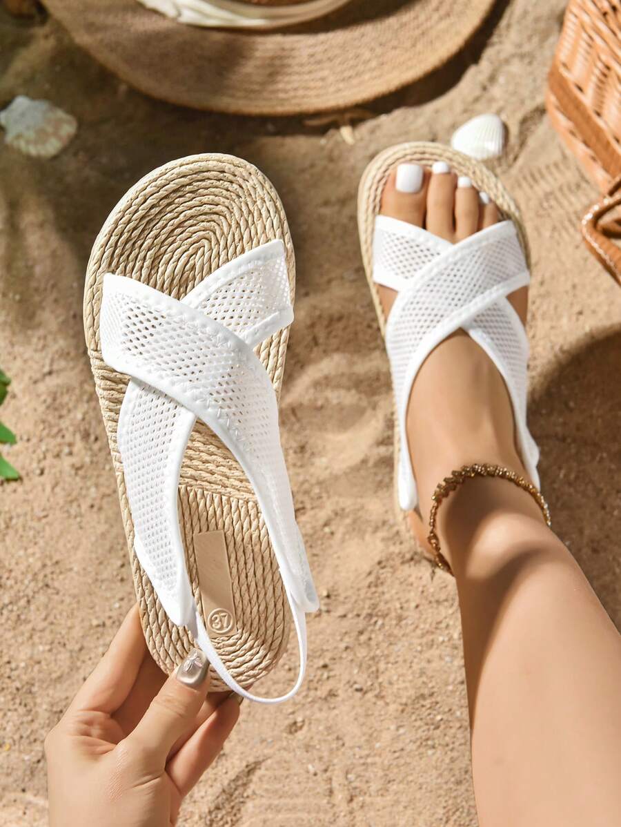 新款设计罗马凉鞋户外装韩版女式平底防滑简约鞋 - 白色 - 查看 1