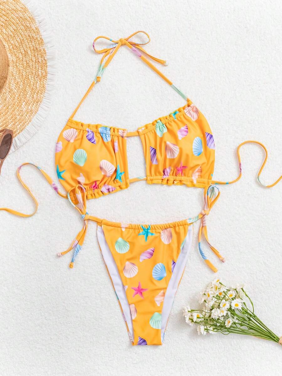 New Sexy & Cute Casual Ocean Creature Frill Trim Separate Bikini Swimwear - Yellow - View 1