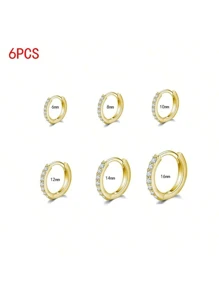 3件/6件/6对/套装 6毫米/8毫米/10毫米/12毫米/14毫米/16毫米圆形锆石不锈钢小圈耳环 男女耳钉饰品 - 金色 - 查看 10