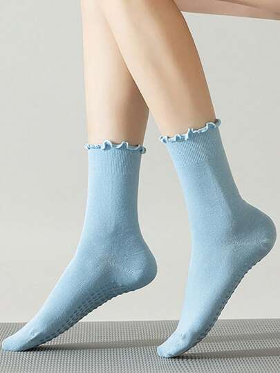 1 Pair/6 Pairs Solid Color Yoga Socks, Rolled Edge Design, Non-Slip Mid-Calf Socks, Suitable For Indoor Fitness And Pilates, Seamless Women Sports Socks