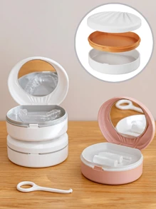 1pc Portable Denture Storage Case With Mirror - Dual-Layer Plastic Material, Suitable For Invisible Braces, Dentures, Orthodontic Appliances, Denture Soaking Box, Retainers, Convenient For Travel Cleaning, Includes Cleaning Brush. - Multicolor - View 3