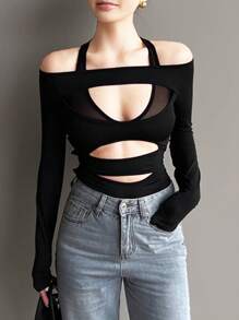 1 pezzo Body donna casual di moda, comodo, di colore unito, con pannello in rete e design sexy schiena scoperta con scollo alla halter, adatto per primavera, estate, autunno