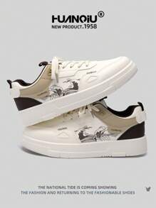 HUANQIU 2025新款男鞋男士运动鞋黑色鞋滑板鞋山水画时尚小白鞋泼墨百搭轻便舒适小白鞋系带软底休闲鞋中国风跑鞋黑白四季鞋 - 棕色 - 查看 2
