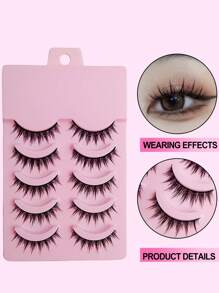 Asiteo 5 Pairs Manga Anime Lashes Natural Look Faux Mink Wispy Fluffy 3D Volume Eyelashes Korean Japanese Asian Cosplay Eyelashes - 黑色 - 查看 3