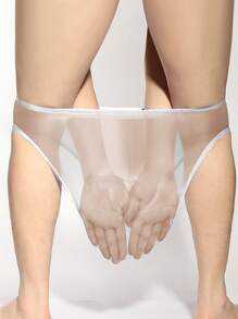 男士白色性感网眼半透明心形印花三角内裤，透气舒适囊袋设计 - 白色 - 查看 2