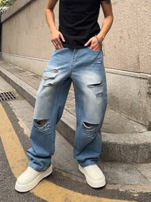1 pieza Jeans rectos de hombre con lavado desgastado y suelto, al estilo urbano americano, imprescindible para amantes de la moda