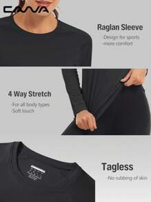 Cavva 女士夏季 UPF50+ 速干吸湿排汗长袖上衣 100% 涤纶轻盈透气圆领修身女性插肩袖休闲户外 - 黑色 - 查看 4