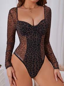 Mono de manga larga de malla con estampado de leopardo sexy, de ajuste ceñido