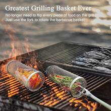 Rolling Grilling Baskets Outdoor Accessories, Stainless Steel Cylinder Tubes, Vegetable Cage Veggie, Large Round Mesh Rotation, Grill Bbq Basket Nets Veggies Barbecue Round Net Cylinders, Barbeque Kabob Fish Meat Gear Gift, Cylinder Cage Cooking Accessories For Veggie, Fish, Meat,Gift For Men,For Valentine's Day, Mother's Day, Father's Day, Outdoor Barbecue Festival